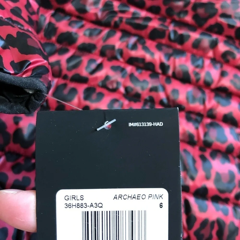 Nike Leopard Puffer Jacket NWT Sz 6 Pink Red Black Kids Girls Hooded Full Zip
